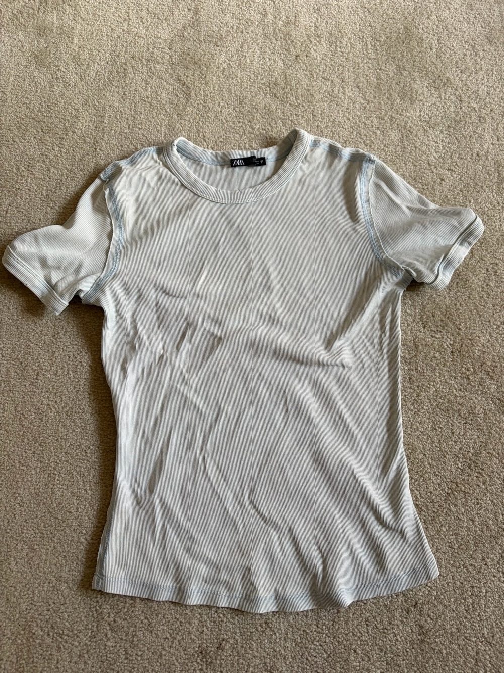 Zara Liggt Blue Distressed Ribbed Short Sleeve Crewneck Top